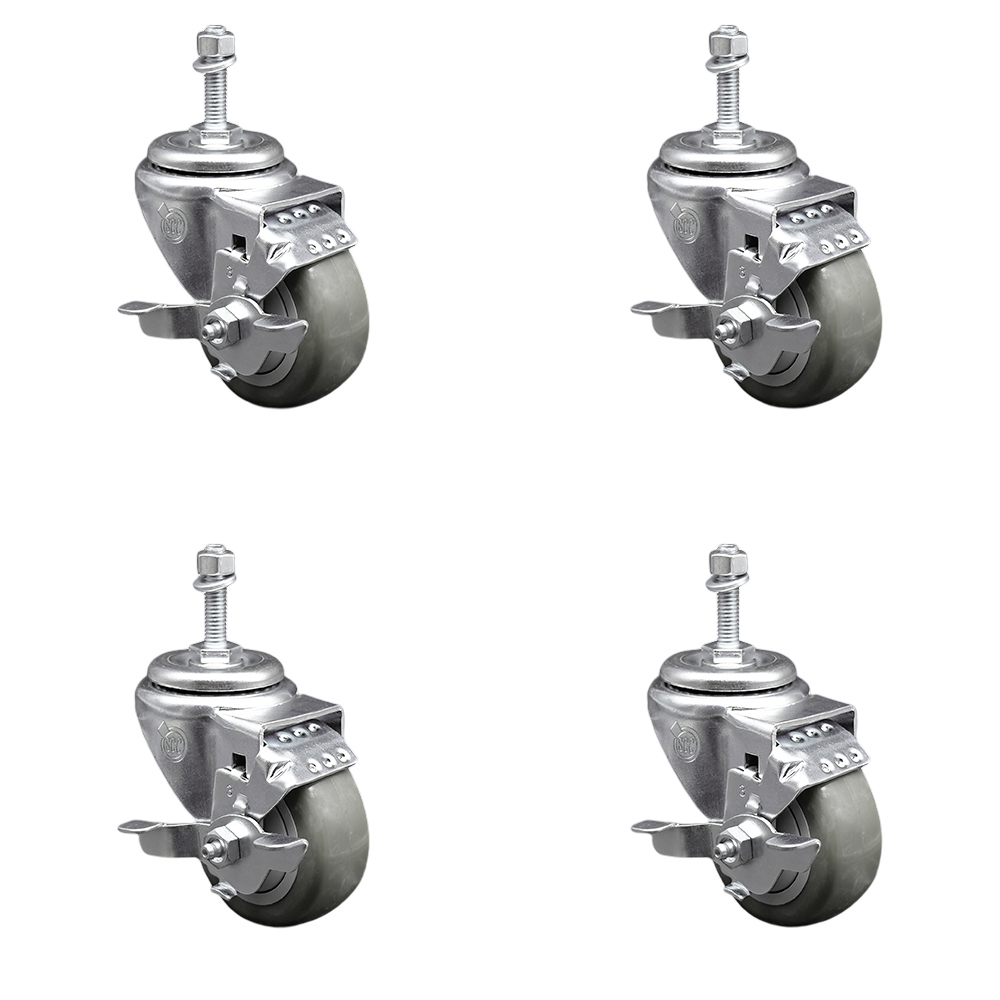 Polyurethane Swivel Threaded Stem Caster Set of 4 w/3.5" x 1.25" Gray Wheels and 10mm Stems - Includes 4 with Top Lock Brakes - 1200 lbs Total Capacity - Service Caster Brand — photo 1