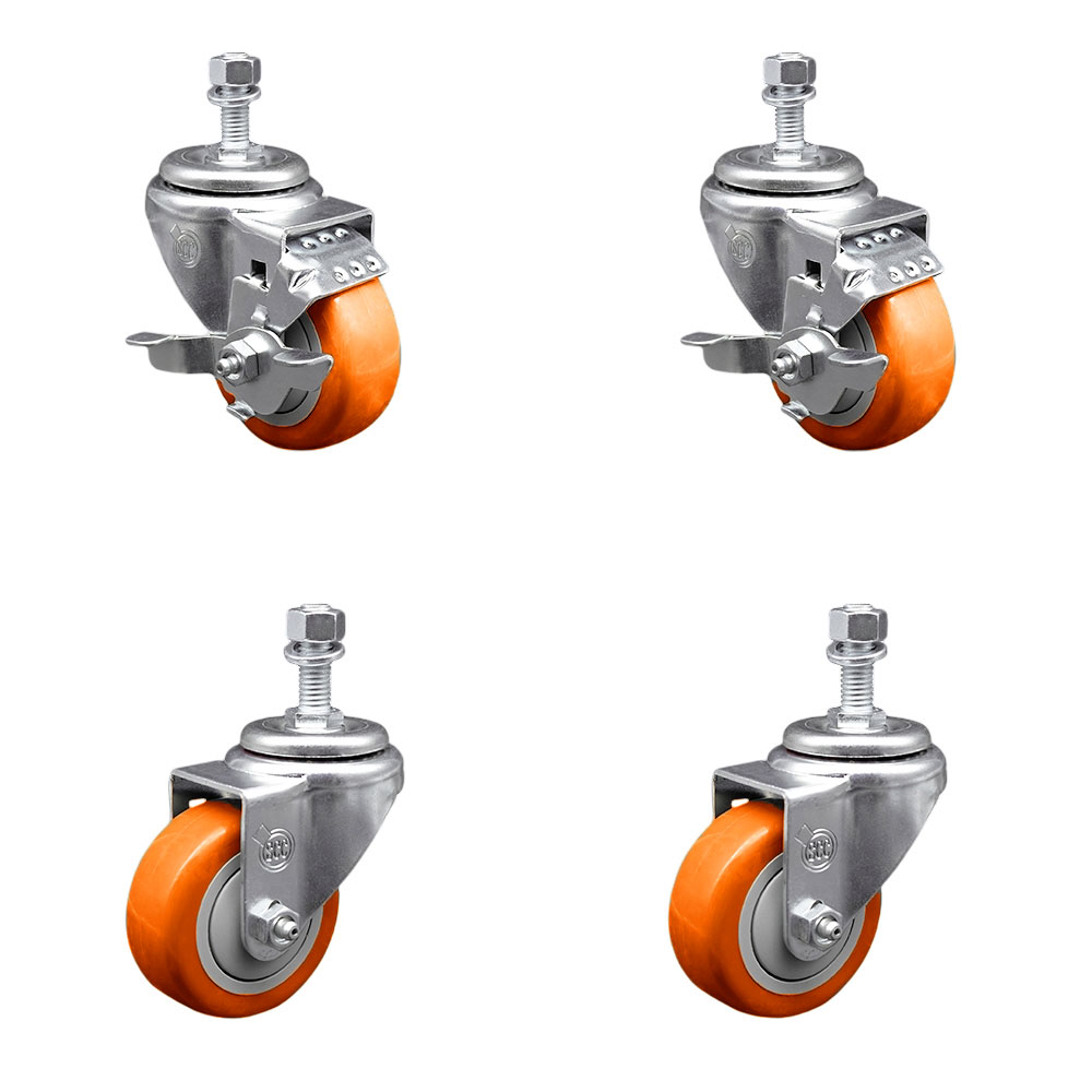 Polyurethane Swivel Threaded Stem Caster Set of 4 w/3.5" x 1.25" Orange Wheels and 12mm Stems - Includes 2 with Top Locking Brake - 1200 lbs Total Capacity - Service Caster Brand — photo 1