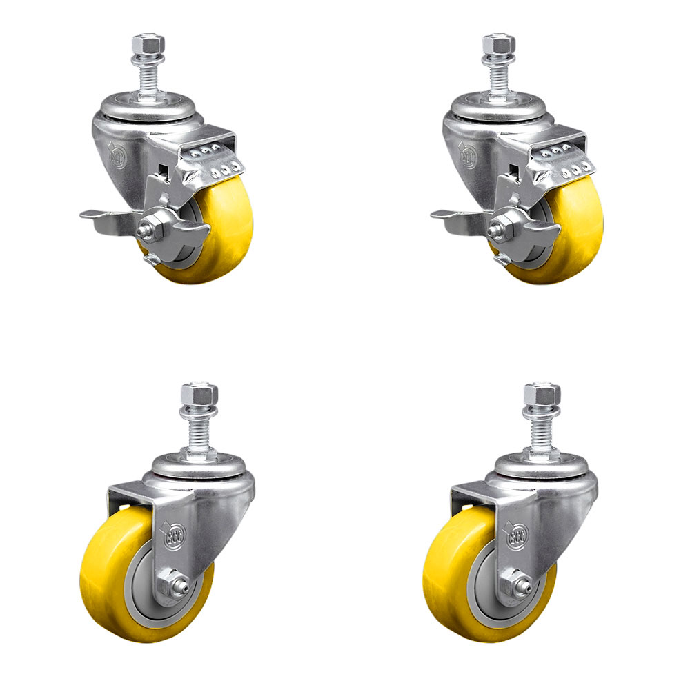 Polyurethane Swivel Threaded Stem Caster Set of 4 w/3.5" x 1.25" Yellow Wheels and 12mm Stems - Includes 2 with Top Locking Brake - 1200 lbs Total Capacity - Service Caster Brand — photo 1