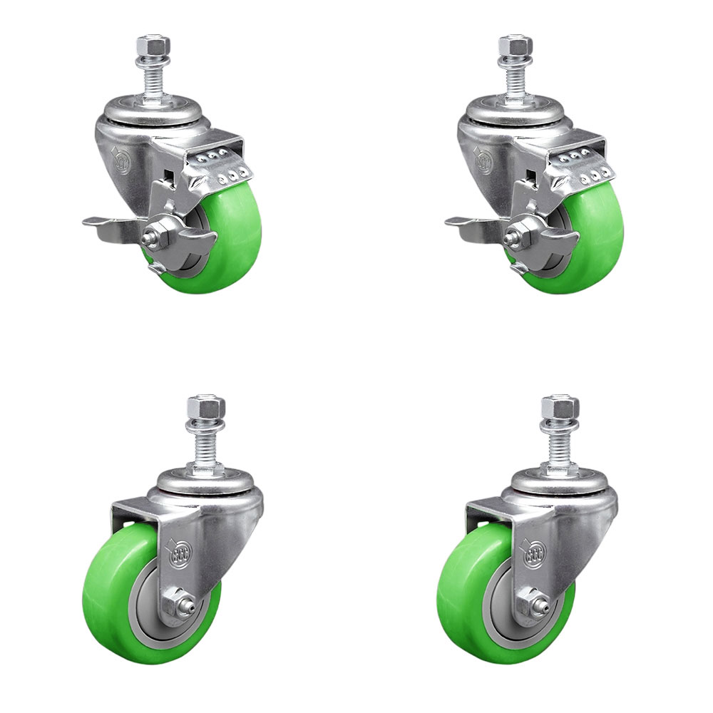 Polyurethane Swivel Threaded Stem Caster Set of 4 w/3.5" x 1.25" Green Wheels and 12mm Stems - Includes 2 with Top Locking Brake - 1200 lbs Total Capacity - Service Caster Brand — photo 1