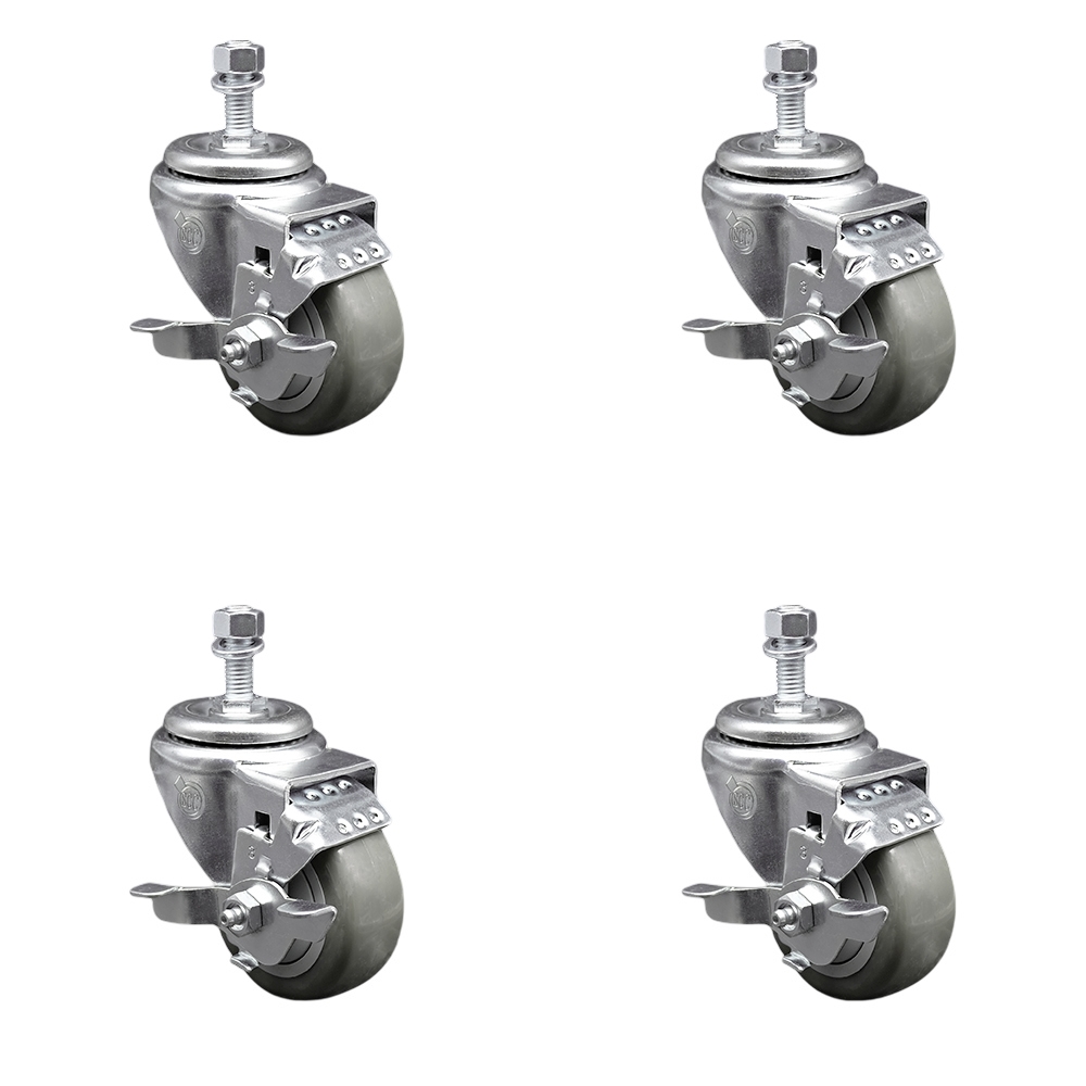Polyurethane Swivel Threaded Stem Caster Set of 4 w/3.5" x 1.25" Gray Wheels and 12mm Stems - Includes 4 with Top Lock Brakes - 1200 lbs Total Capacity - Service Caster Brand — photo 1
