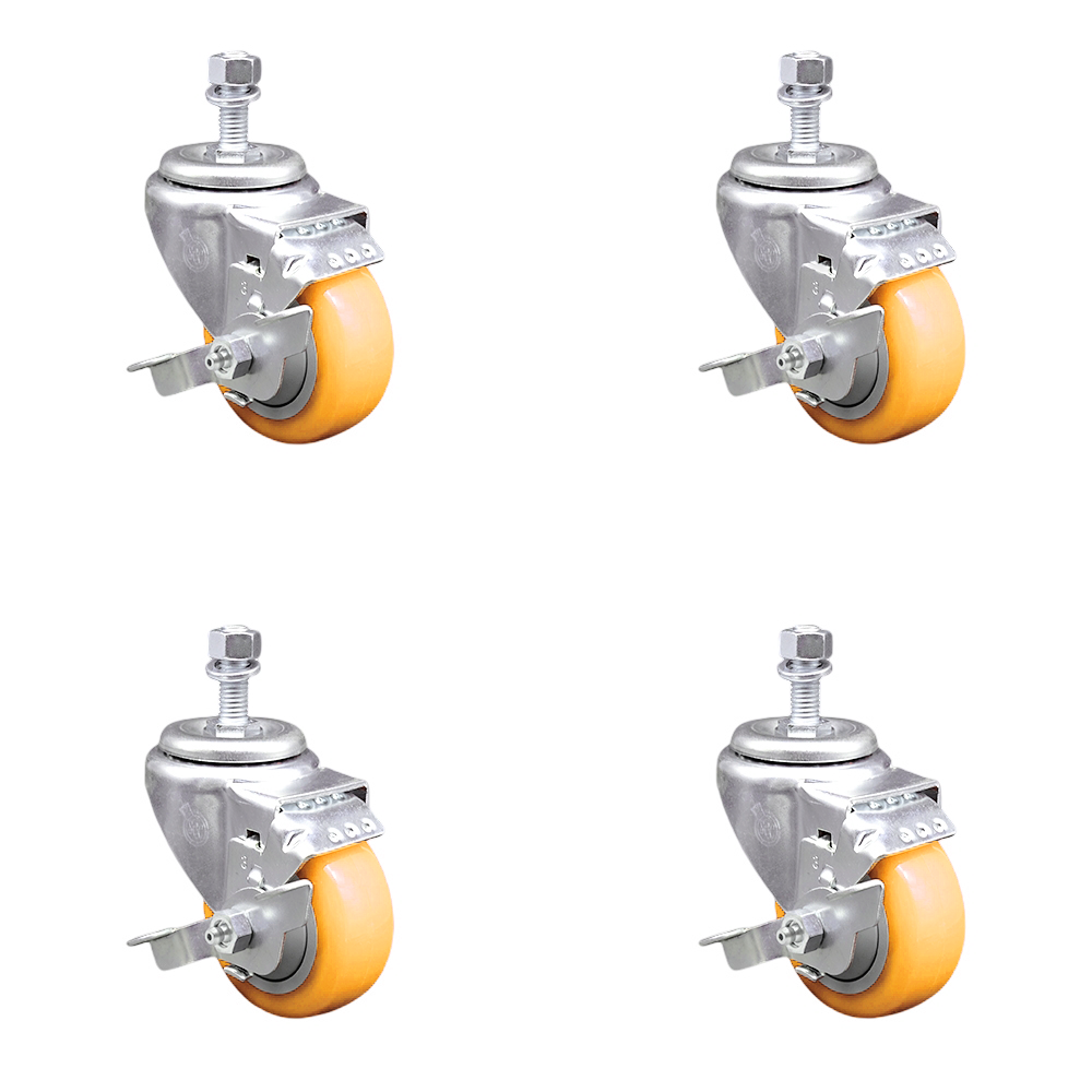 Polyurethane Swivel Stem Caster Set of 4 with 3.5 Inch Yellow Caster Wheels - 1/2" Threaded Stems - 316 Stainless Steel Casters - Includes 4 Swivel Casters with Top Lock Brakes - Service Caster Brand — photo 1