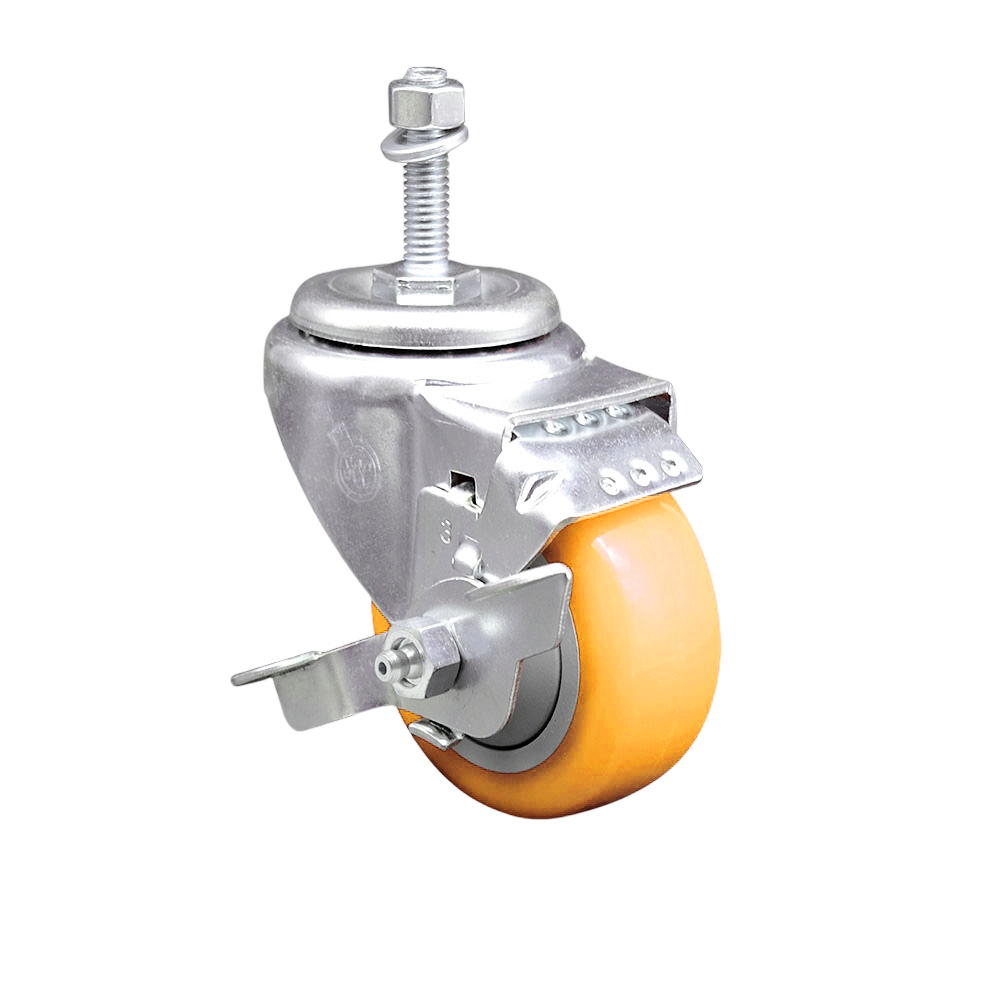 Polyurethane Swivel Stem Caster with 3.5 Inch Yellow Caster Wheel and Top Lock Brake - 3/8" Threaded Stem - 316 Stainless Steel Caster - 300 lbs. Capacity Per Caster - Service Caster Brand — photo 1
