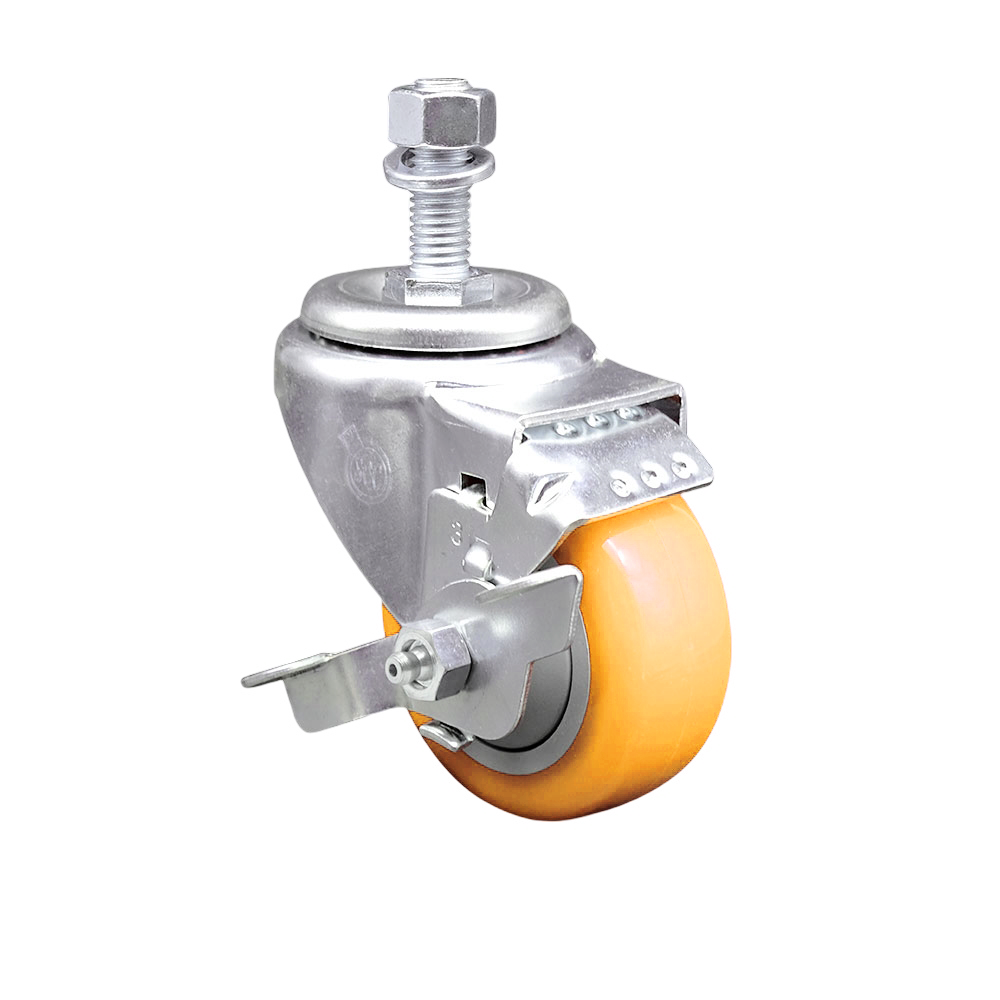 Polyurethane Swivel Threaded Stem Caster w/3.5" x 1.25" Yellow Wheel and 12mm Stem & Top Locking Brake - 300 lbs Capacity/Caster - Service Caster Brand — photo 1
