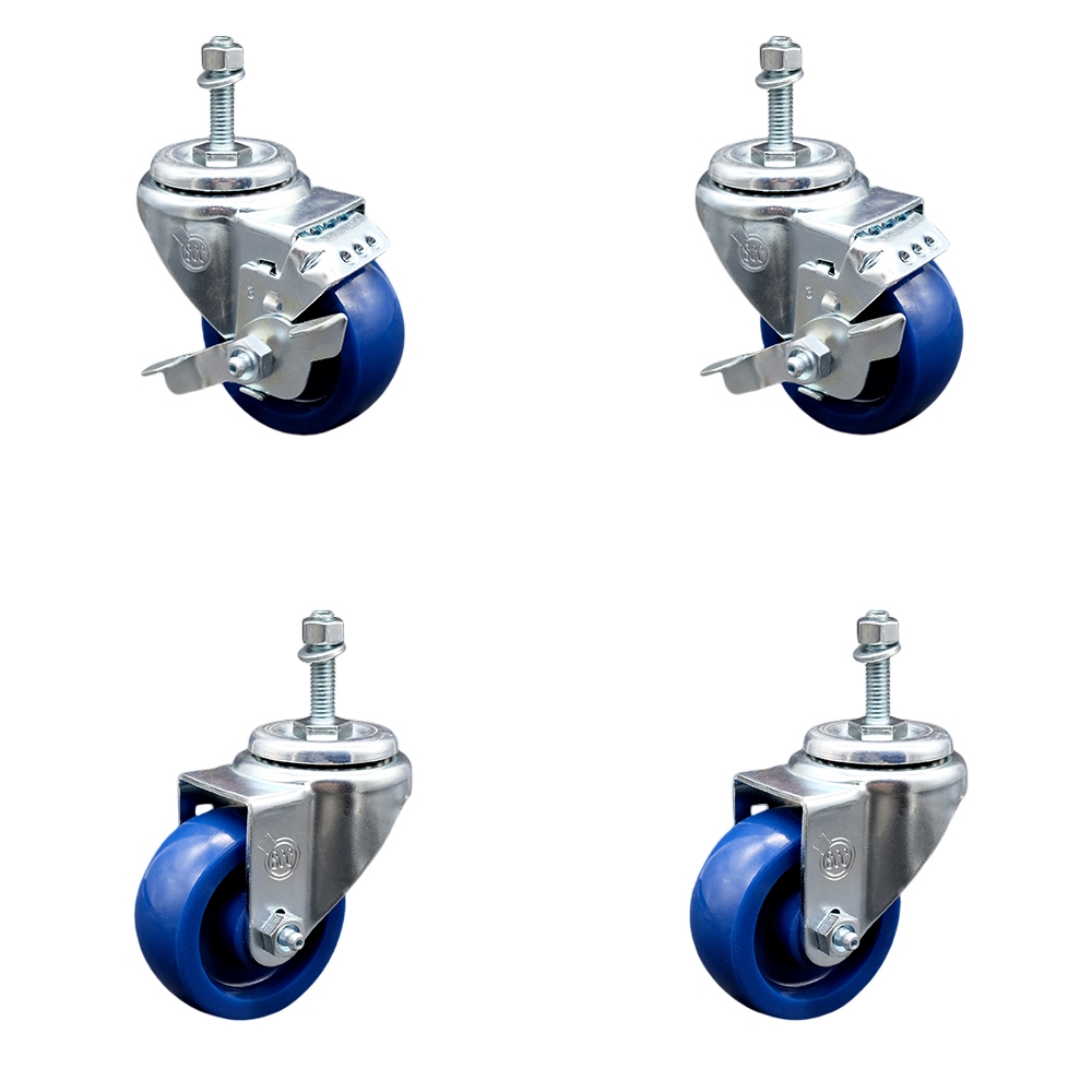 Solid Polyurethane Swivel Threaded Stem Caster Set of 4 w/3.5" x 1.25" Blue Wheels and 3/8" Stems - Includes 2 with Top Locking Brake - 1200 lbs Total Capacity - Service Caster Brand — photo 1