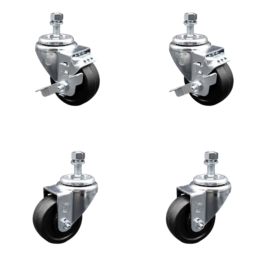 Soft Rubber Swivel Threaded Stem Caster Set of 4 w/3.5" x 1.25" Black Wheels and 1/2" Stems - Includes 2 with Top Locking Brake - 800 lbs Total Capacity - Service Caster Brand — photo 1