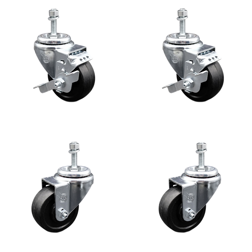 Soft Rubber Swivel Threaded Stem Caster Set of 4 w/3.5" x 1.25" Black Wheels and 3/8" Stems - Includes 2 with Top Locking Brake - 800 lbs Total Capacity - Service Caster Brand — photo 1