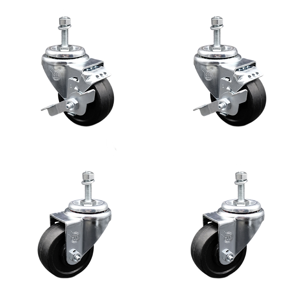 Soft Rubber Swivel Threaded Stem Caster Set of 4 w/3.5" x 1.25" Black Wheels and 10MM Metric Stems - Includes 2 with Top Locking Brake - 800 lbs Total Capacity - Service Caster Brand — photo 1