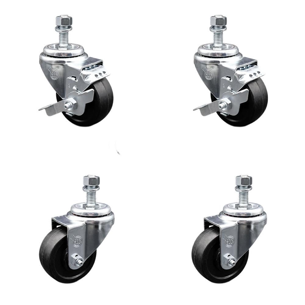Soft Rubber Swivel Threaded Stem Caster Set of 4 w/3.5" x 1.25" Black Wheels and 12MM Metric Stems - Includes 2 with Top Locking Brake - 800 lbs Total Capacity - Service Caster Brand — photo 1