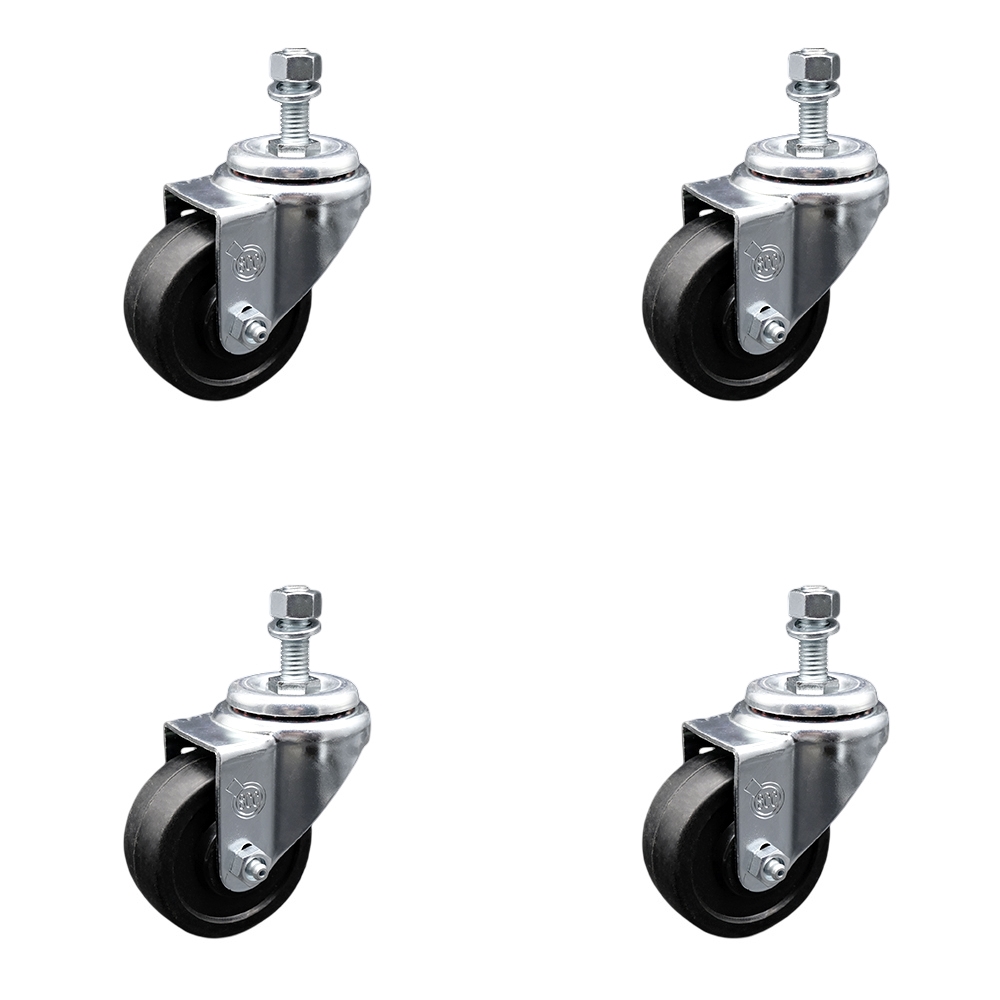 Soft Rubber Swivel Threaded Stem Caster Set of 4 w/3.5" x 1.25" Black Wheels and 12mm Stems - Includes 4 Swivel - 800 lbs Total Capacity - Service Caster Brand — photo 1