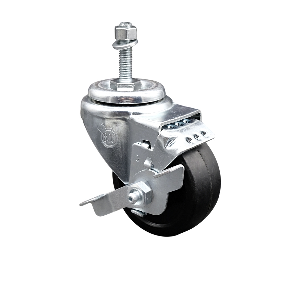 Soft Rubber Swivel Threaded Stem Caster w/3.5" x 1.25" Black Wheel and 10MM Metric Stem & Top Locking Brake - 200 lbs Capacity/Caster - Service Caster Brand — photo 1
