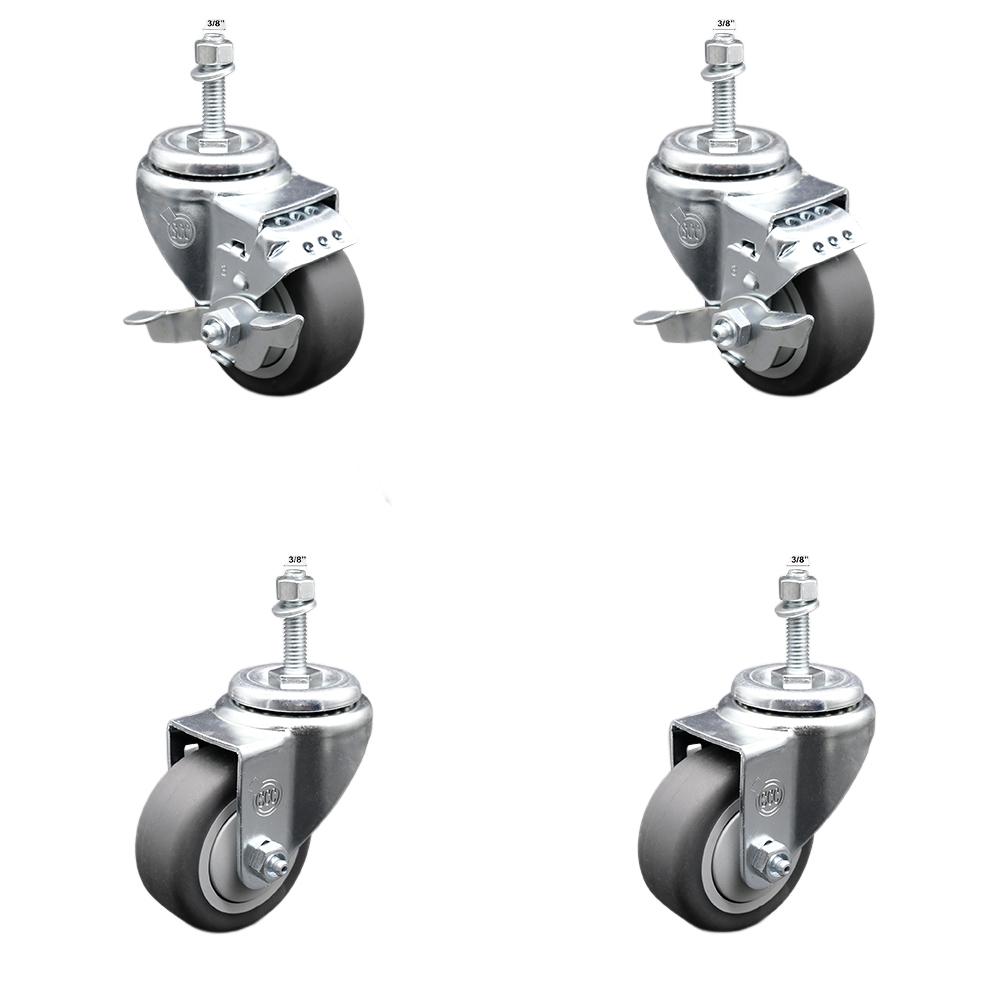 Thermoplastic Rubber Swivel Threaded Stem Caster Set of 4 - 3.5" x 1.25" Gray Wheels and 3/8" Stems - Includes 2 with Top Locking Brake - 920 lbs Total Capacity - Service Caster Brand — photo 1