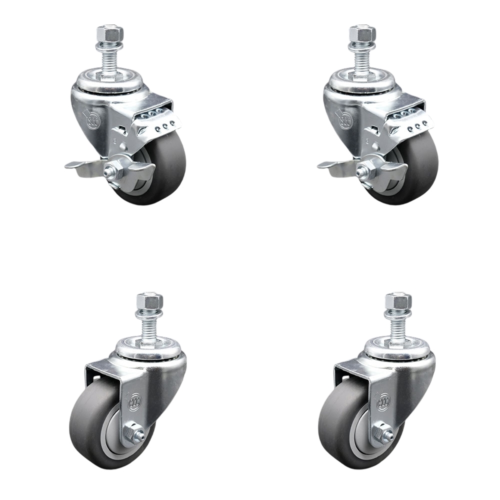 Thermoplastic Rubber Swivel Threaded Stem Caster Set of 4 - 3.5" x 1.25" Gray Wheels and 12MM Metric Stems - Includes 2 with Top Locking Brake - 920 lbs Total Capacity - Service Caster Brand — photo 1