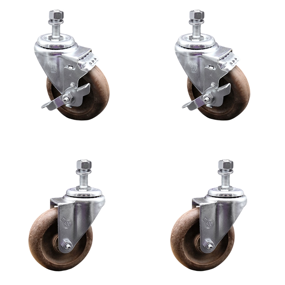 High Temp Glass Filled Nylon Swivel Threaded Stem Caster Set of 4 w/4" x 1.25" Brown Wheels and 1/2" Stems - Includes 2 with Top Locking Brake - 1400 lbs Total Capacity - Service Caster Brand — photo 1