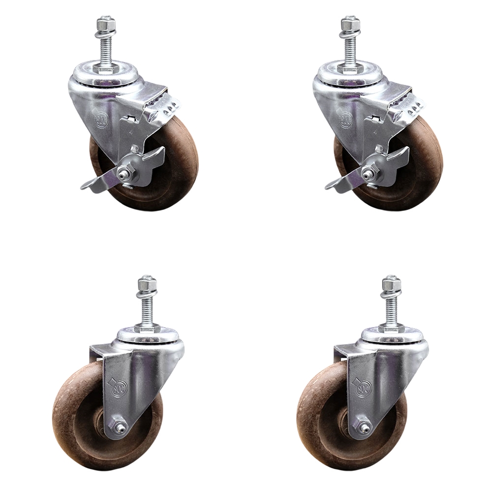 High Temp Glass Filled Nylon Swivel Threaded Stem Caster Set of 4 w/4" x 1.25" Brown Wheels and 3/8" Stems - Includes 2 with Top Locking Brake - 1400 lbs Total Capacity - Service Caster Brand — photo 1