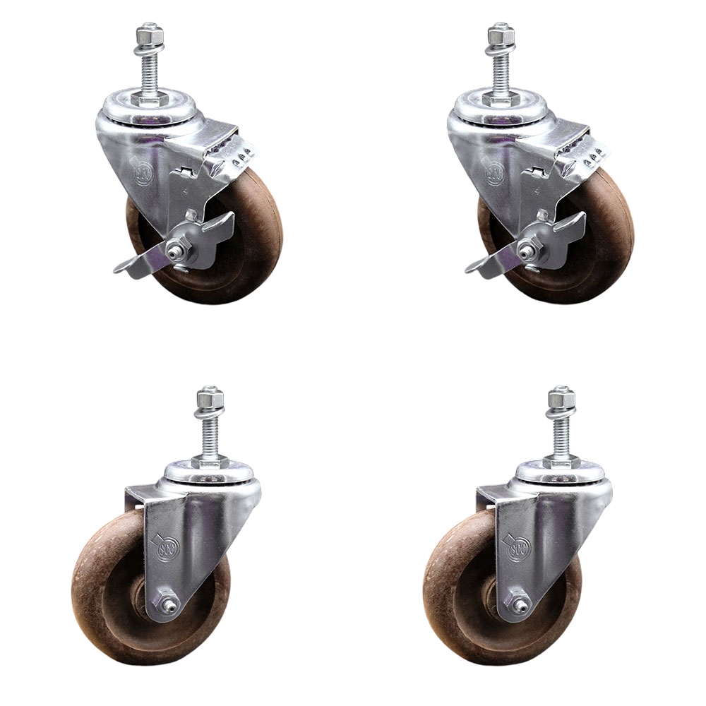 High Temp Glass Filled Nylon Swivel Threaded Stem Caster Set of 4 w/4" x 1.25" Brown Wheels and 10MM Metric Stems - Includes 2 with Top Locking Brake - 1400 lbs Total Capacity - Service Caster Brand — photo 1