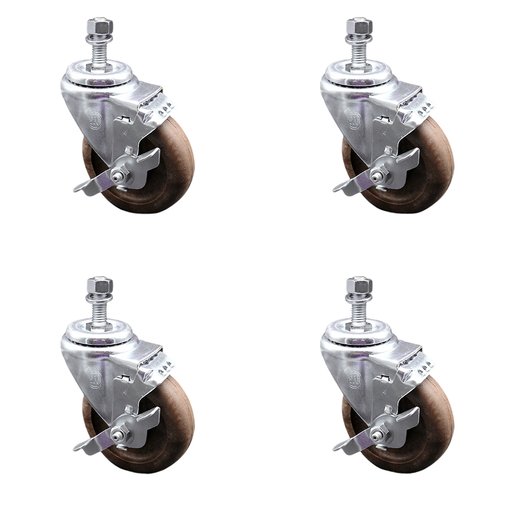 High Temp Glass Filled Nylon Swivel Threaded Stem Caster Set of 4 w/4" x 1.25" Brown Wheels and 1/2" Stems - Includes 4 with Top Lock Brakes - 1400 lbs Total Capacity - Service Caster Brand — photo 1