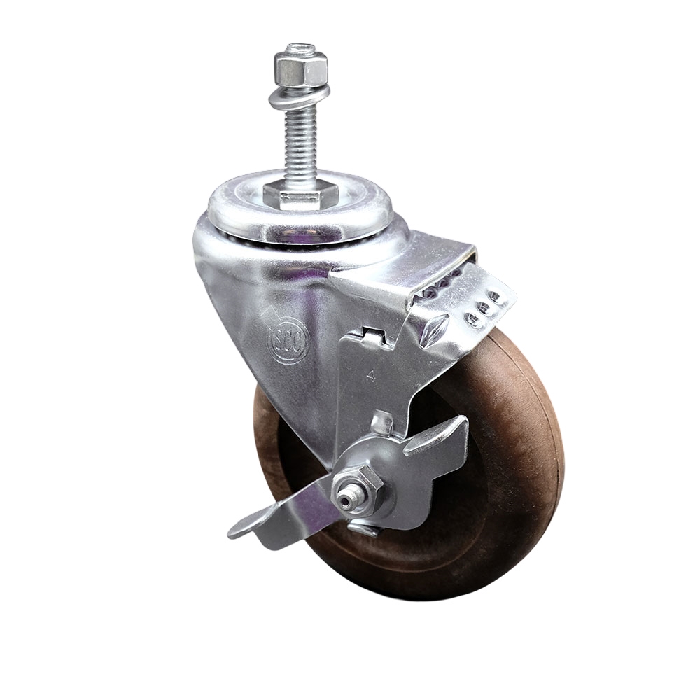 High Temp Glass Filled Nylon Swivel Threaded Stem Caster w/4" x 1.25" Brown Wheel and 3/8" Stem & Top Locking Brake - 350 lbs Capacity/Caster - Service Caster Brand — photo 1