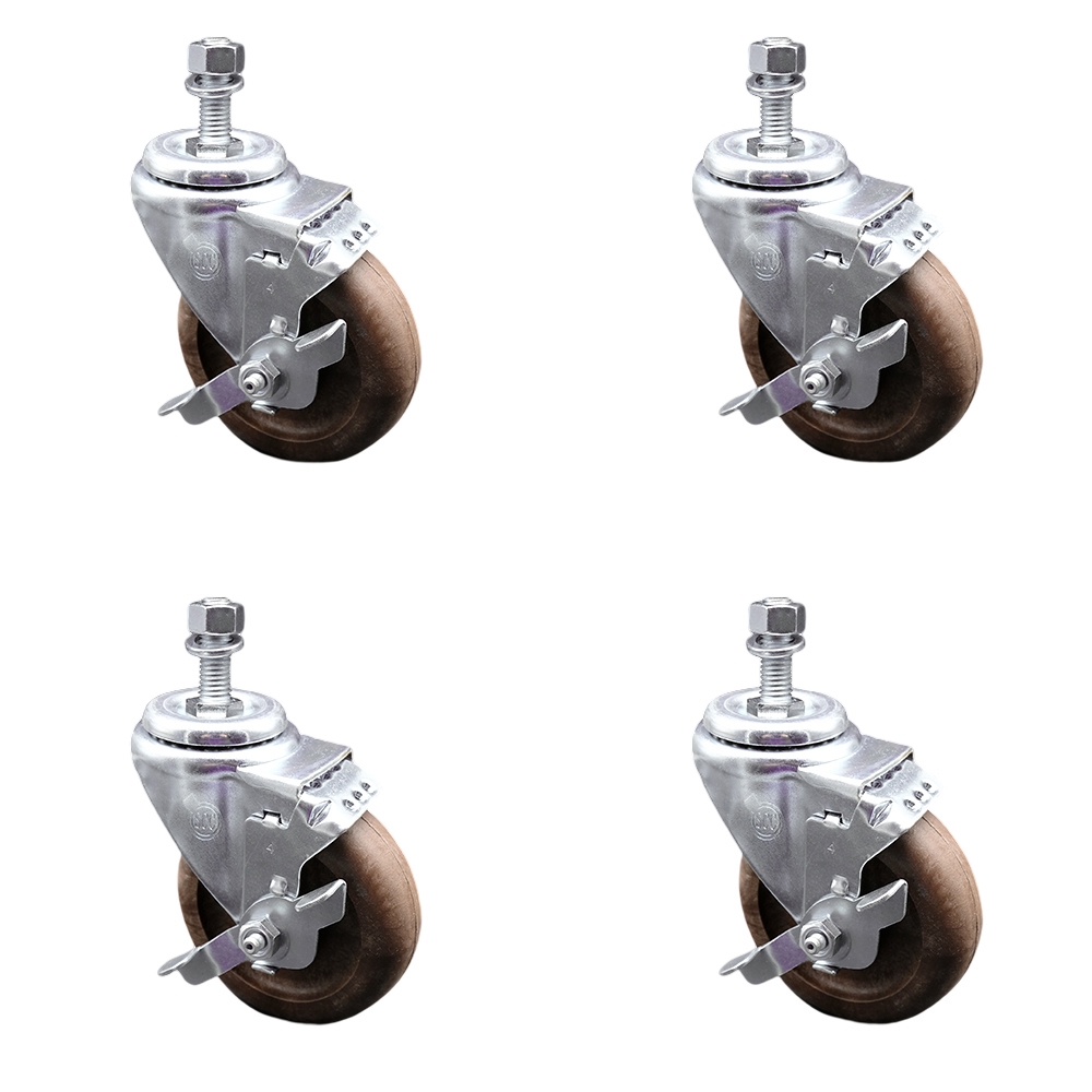 High Temp Glass Filled Nylon Swivel Threaded Stem Caster Set of 4 w/4" x 1.25" Brown Wheels and 10mm Stems - Includes 4 with Top Lock Brakes - 1400 lbs Total Capacity - Service Caster Brand — photo 1