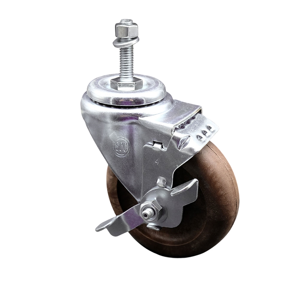 High Temp Glass Filled Nylon Swivel Threaded Stem Caster w/4" x 1.25" Brown Wheel and 10MM Metric Stem & Top Locking Brake - 350 lbs Capacity/Caster - Service Caster Brand — photo 1
