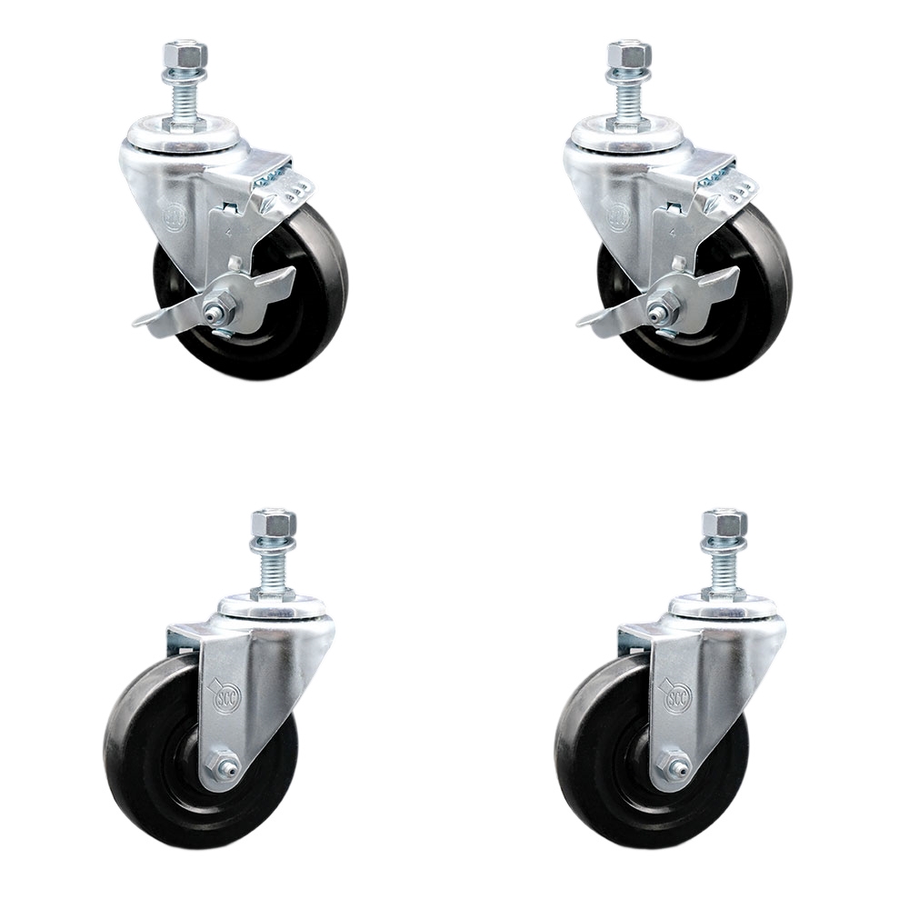 Hard Rubber Swivel Threaded Stem Caster Set of 4 w/4" x 1.25" Black Wheels and 1/2" Stems - Includes 2 with Top Locking Brake - 1100 lbs Total Capacity - Service Caster Brand — photo 1