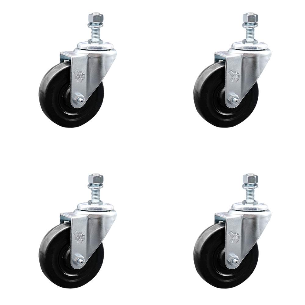 Hard Rubber Swivel Threaded Stem Caster Set of 4 w/4" x 1.25" Black Wheels and 1/2" Stems - Includes 4 Swivel - 1200 lbs Total Capacity - Service Caster Brand — photo 1