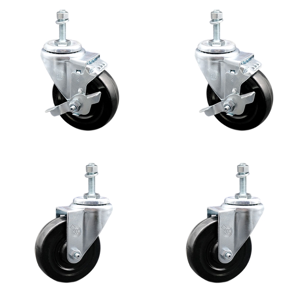 Hard Rubber Swivel Threaded Stem Caster Set of 4 w/4" x 1.25" Black Wheels and 3/8" Stems - Includes 2 with Top Locking Brake - 1100 lbs Total Capacity - Service Caster Brand — photo 1