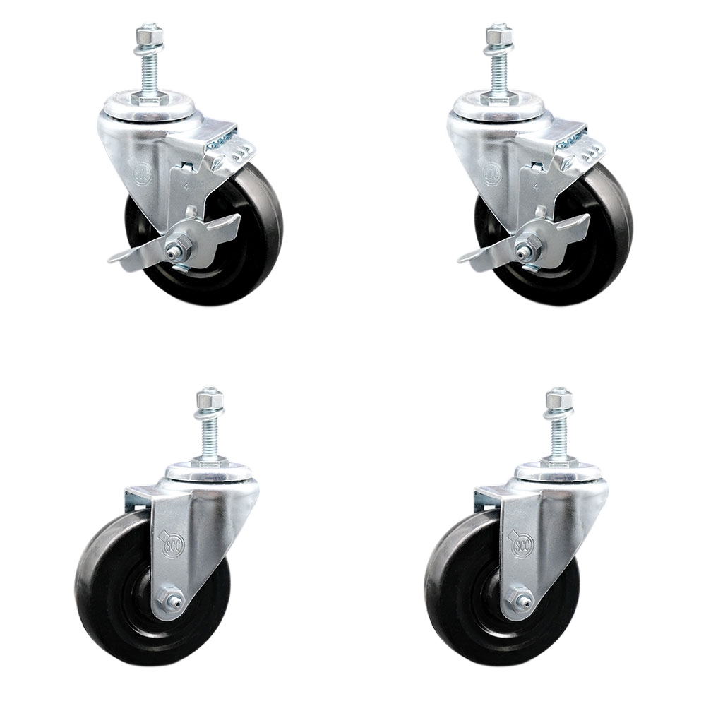 Hard Rubber Swivel Threaded Stem Caster Set of 4 w/4" x 1.25" Black Wheels and 10MM Metric Stems - Includes 2 with Top Locking Brake - 1100 lbs Total Capacity - Service Caster Brand — photo 1