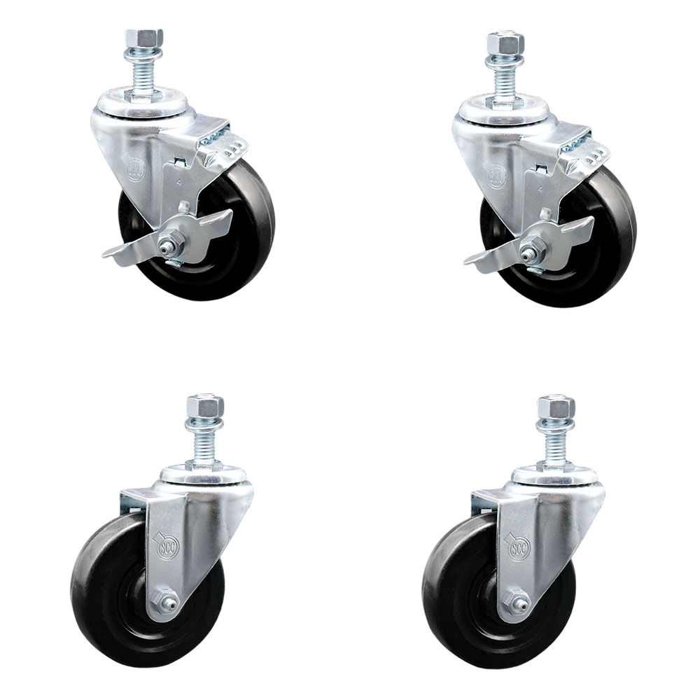 Hard Rubber Swivel Threaded Stem Caster Set of 4 w/4" x 1.25" Black Wheels and 12MM Metric Stems - Includes 2 with Top Locking Brake - 1100 lbs Total Capacity - Service Caster Brand — photo 1