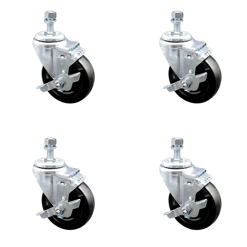 Hard Rubber Swivel Threaded Stem Caster Set of 4 w/4" x 1.25" Black Wheels and 3/8" Stems - Includes 4 with Top Lock Brakes - 1200 lbs Total Capacity - Service Caster Brand — photo 1
