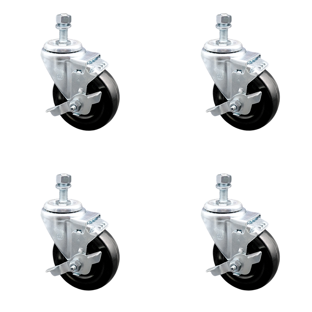 Hard Rubber Swivel Threaded Stem Caster Set of 4 w/4" x 1.25" Black Wheels and 12mm Stems - Includes 4 with Top Lock Brakes - 1200 lbs Total Capacity - Service Caster Brand — photo 1