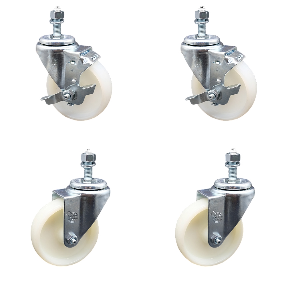 Nylon Swivel Threaded Stem Caster Set of 4 w/4" x 1.25" White Wheels and 1/2" Stems - Includes 2 with Top Locking Brake - 1200 lbs Total Capacity - Service Caster Brand — photo 1