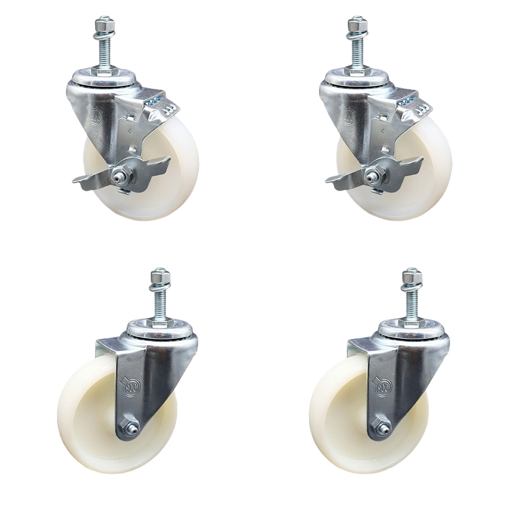 Nylon Swivel Threaded Stem Caster Set of 4 w/4" x 1.25" White Wheels and 3/8" Stems - Includes 2 with Top Locking Brake - 1200 lbs Total Capacity - Service Caster Brand — photo 1