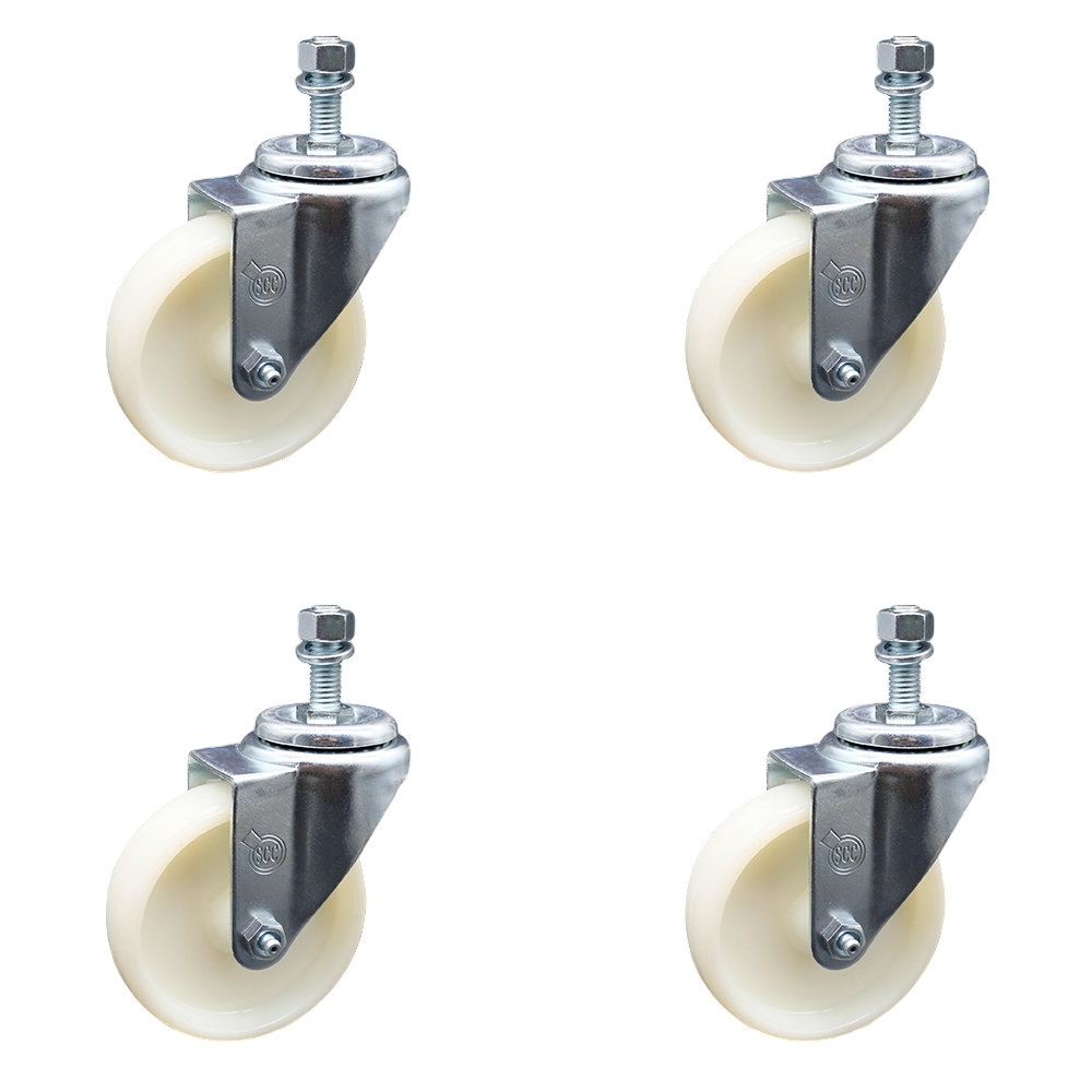 Nylon Swivel Threaded Stem Caster Set of 4 w/4" x 1.25" White Wheels and 3/8" Stems - Includes 4 Swivel - 1200 lbs Total Capacity - Service Caster Brand — photo 1