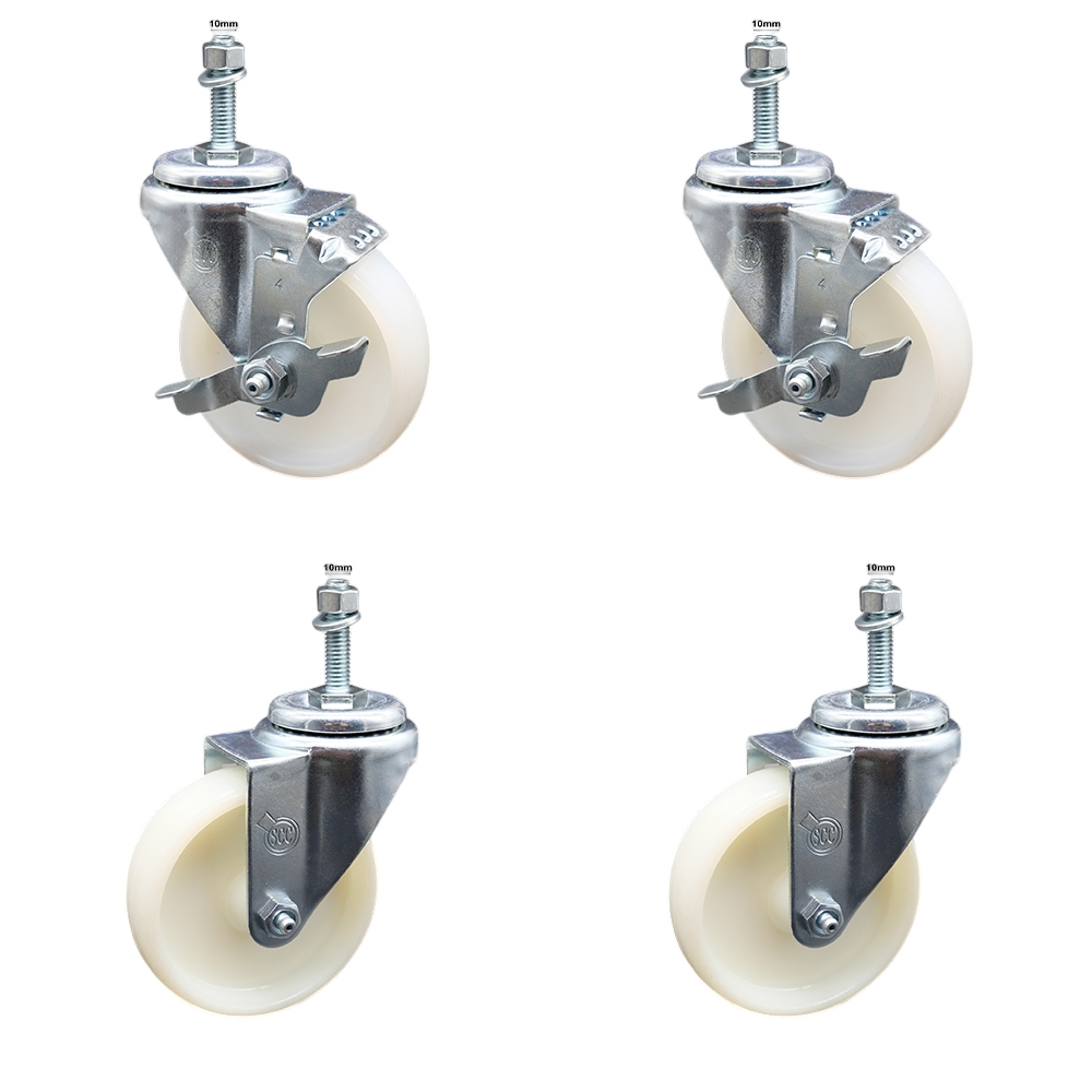 Nylon Swivel Threaded Stem Caster Set of 4 w/4" x 1.25" White Wheels and 10MM Metric Stems - Includes 2 with Top Locking Brake - 1200 lbs Total Capacity - Service Caster Brand — photo 1