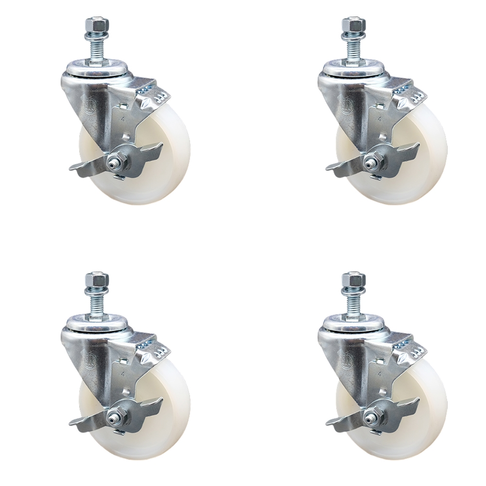 Nylon Swivel Threaded Stem Caster Set of 4 w/4" x 1.25" White Wheels and 1/2" Stems - Includes 4 with Top Lock Brakes - 1200 lbs Total Capacity - Service Caster Brand — photo 1