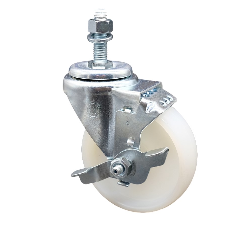 Nylon Swivel Threaded Stem Caster w/4" x 1.25" White Wheel and 1/2" Stem & Top Locking Brake - 300 lbs Capacity/Caster - Service Caster Brand — photo 1