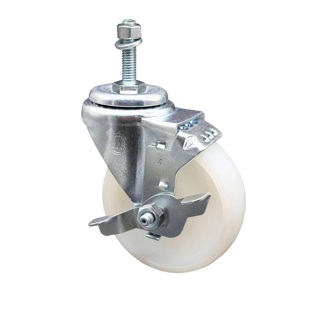 4" Swivel Caster with 3/8" Threaded Stem, White Nylon Wheel and Brake - 300 lbs. Capacity - Service Caster Brand — photo 1