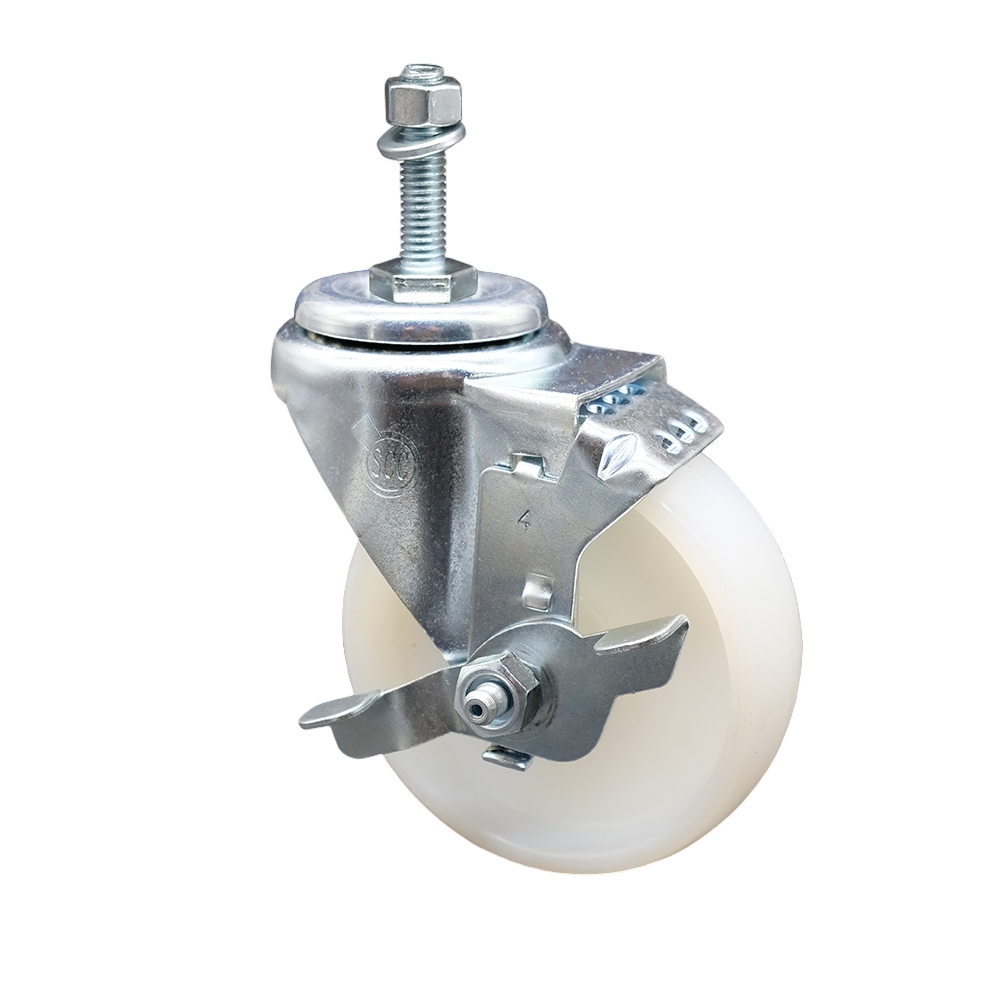 Nylon Swivel Threaded Stem Caster w/4" x 1.25" White Wheel and 10MM Metric Stem & Top Locking Brake - 300 lbs Capacity/Caster - Service Caster Brand — photo 1