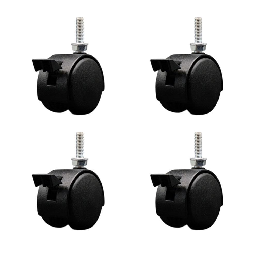 2 Inch Office Chair Wheels – Flat Black Metal Hooded Twin Wheel – 5/16 Inch - 18 TPI by 1 Inch Threaded Stems and Brakes – 300 lbs. Total Capacity – Set of 4 – Service Caster Brand — photo 1
