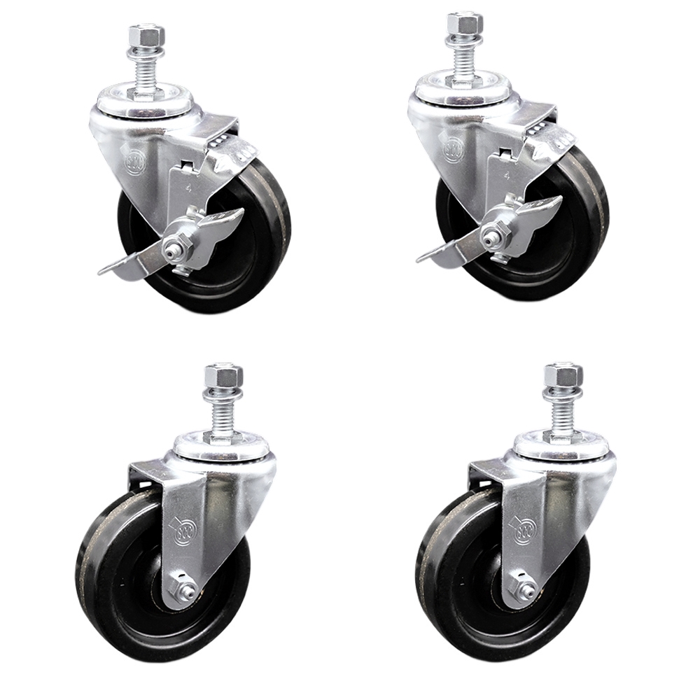 Phenolic Swivel Threaded Stem Caster Set of 4 w/Roller Bearing - 4" x 1.25" Black Wheels and 1/2" Stems - Includes 2 with Top Locking Brake - 1200 lbs Total Capacity - Service Caster Brand — photo 1