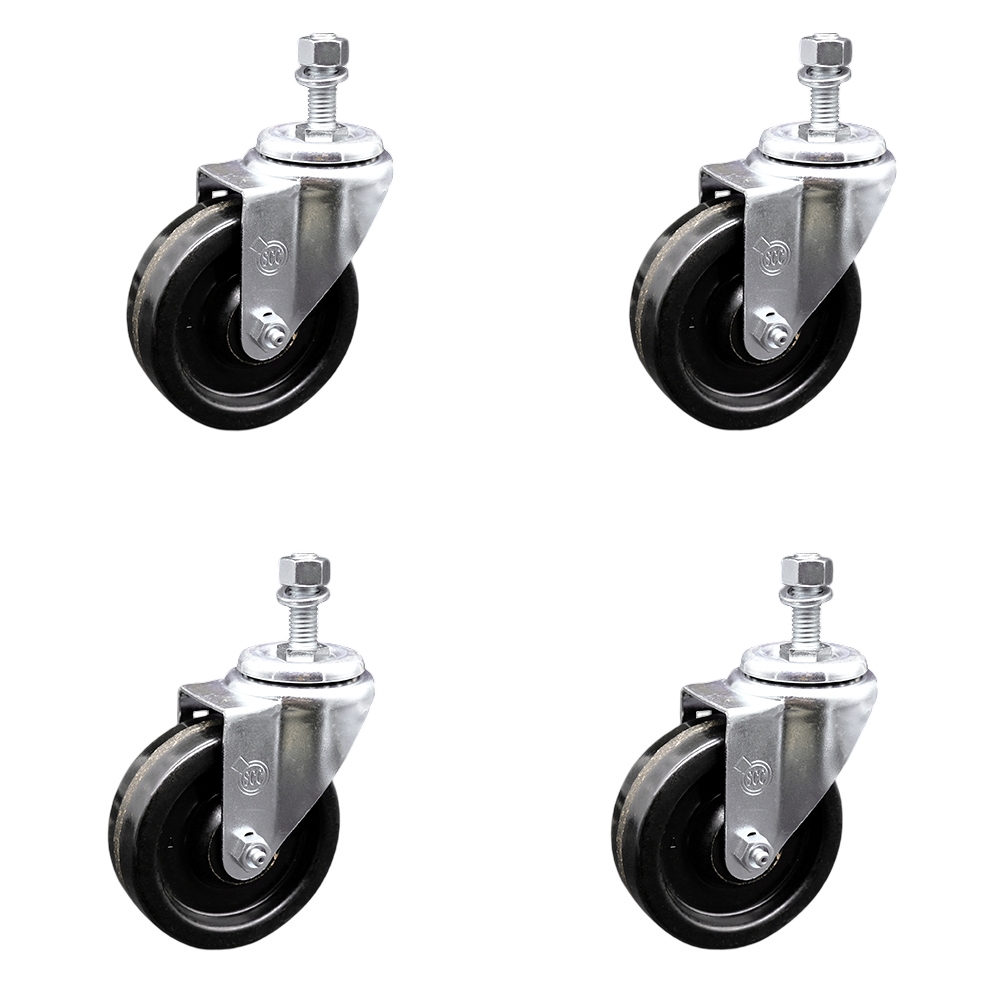 Phenolic Swivel Threaded Stem Caster w/Roller Bearing Set of 4 w/4" x 1.25" Black Wheels and 1/2" Stems - Includes 4 Swivel - 1200 lbs Total Capacity - Service Caster Brand — photo 1