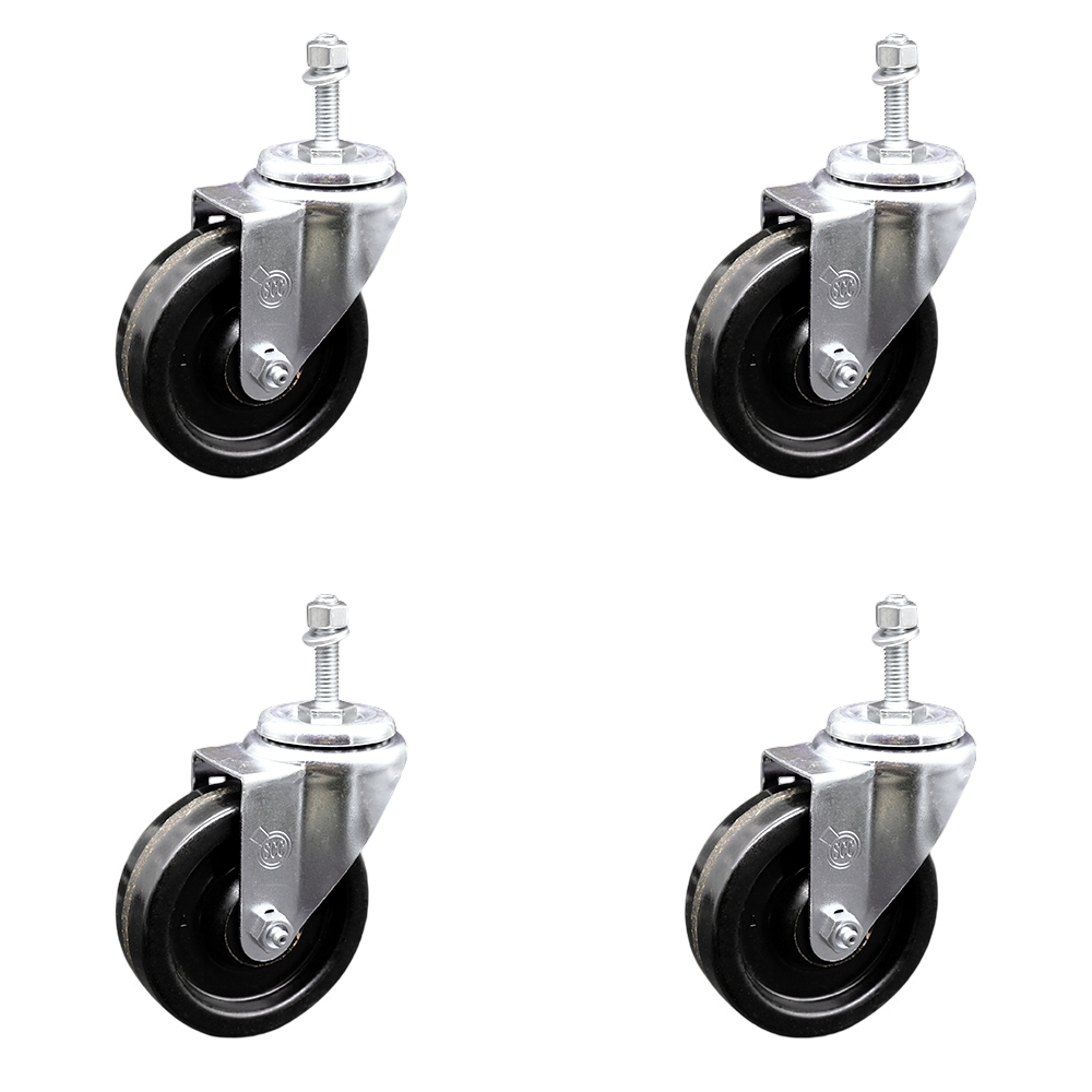 Phenolic Swivel Threaded Stem Caster w/Roller Bearing Set of 4 w/4" x 1.25" Black Wheels and 3/8" Stems - Includes 4 Swivel - 1200 lbs Total Capacity - Service Caster Brand — photo 1