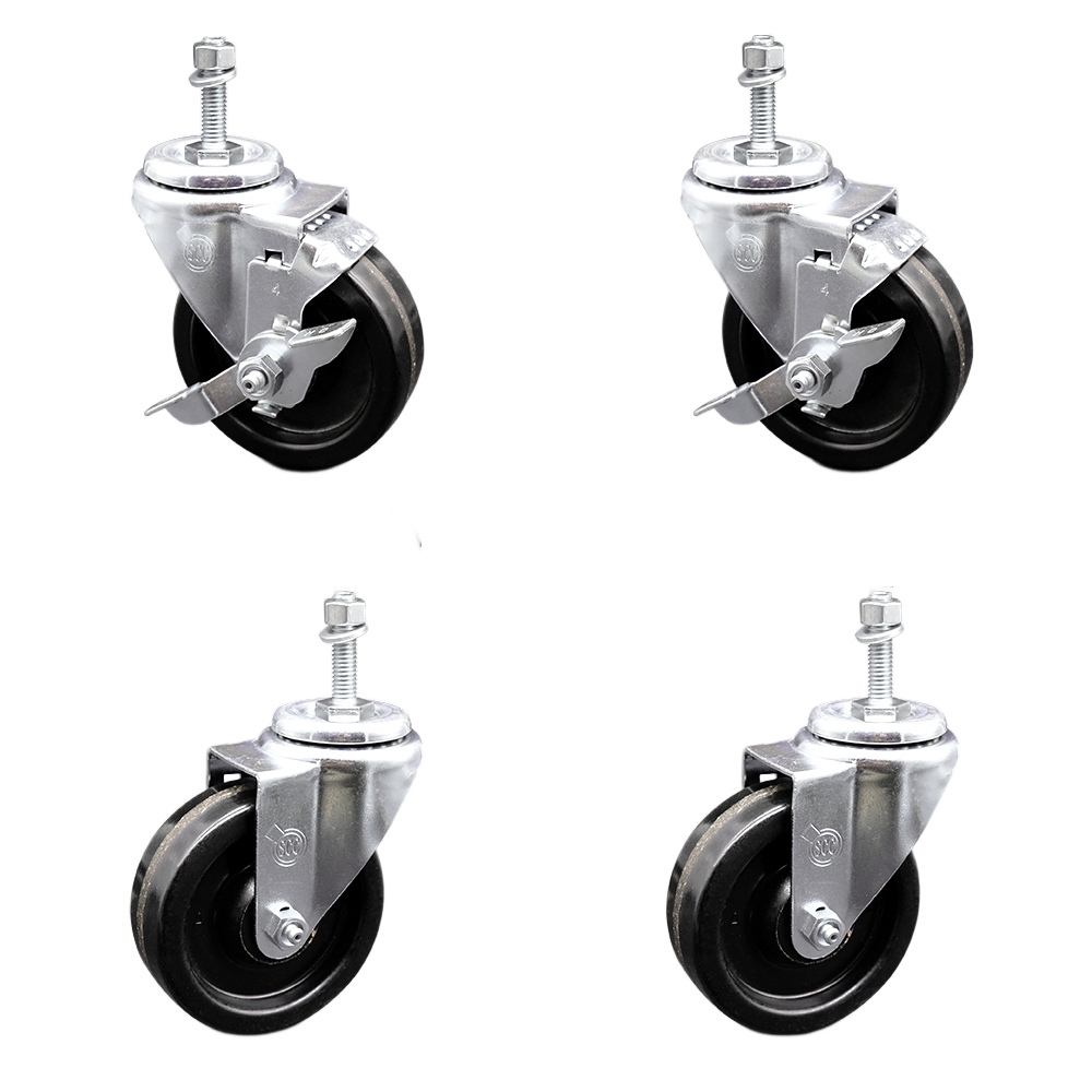 Phenolic Swivel Threaded Stem Caster Set of 4 w/Roller Bearing - 4" x 1.25" Black Wheels and 10MM Metric Stems - Includes 2 with Top Locking Brake - 1200 lbs Total Capacity - Service Caster Brand — photo 1