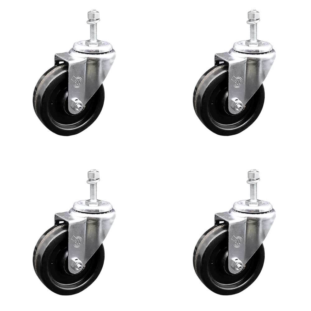 Phenolic Swivel Threaded Stem Caster w/Roller Bearing Set of 4 w/4" x 1.25" Black Wheels and 10mm Stems - Includes 4 Swivel - 1200 lbs Total Capacity - Service Caster Brand — photo 1