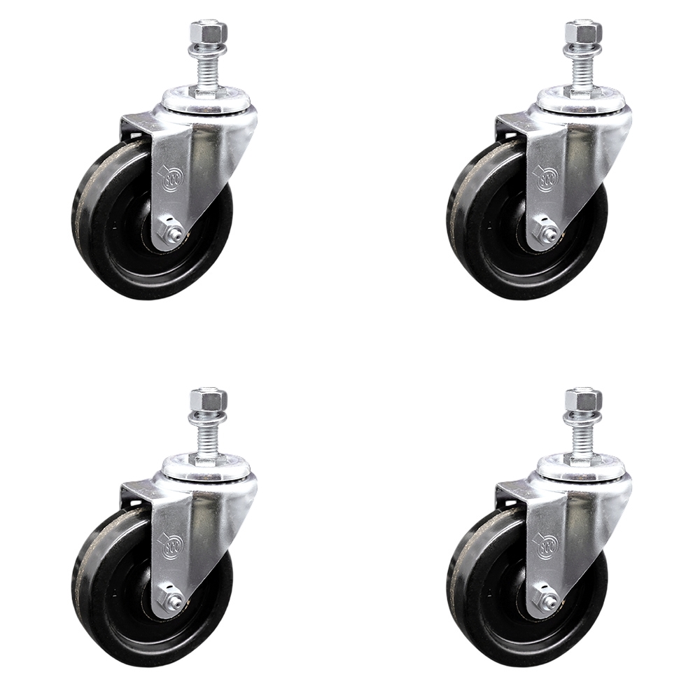 Phenolic Swivel Threaded Stem Caster w/Roller Bearing Set of 4 w/4" x 1.25" Black Wheels and 12mm Stems - Includes 4 Swivel - 1200 lbs Total Capacity - Service Caster Brand — photo 1