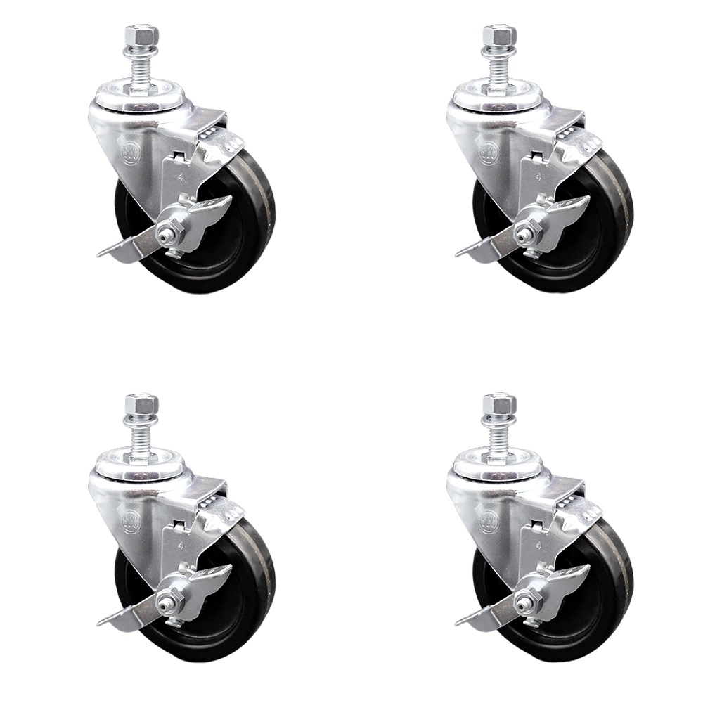 Phenolic Swivel Threaded Stem Caster w/Roller Bearing Set of 4 w/4" x 1.25" Black Wheels and 1/2" Stems - Includes 4 with Top Lock Brakes - 1200 lbs Total Capacity - Service Caster Brand — photo 1