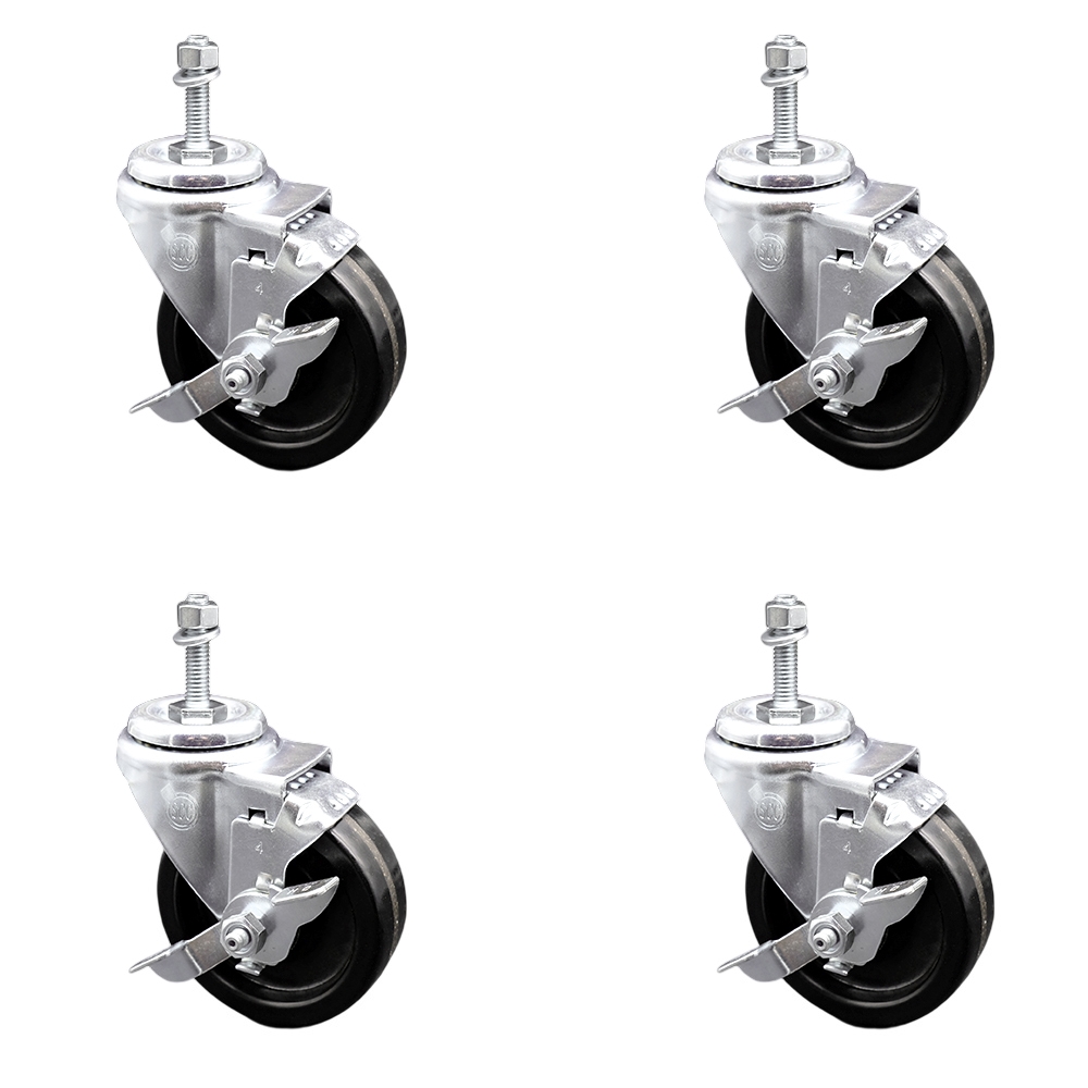 Phenolic Swivel Threaded Stem Caster w/Roller Bearing Set of 4 w/4" x 1.25" Black Wheels and 10mm Stems - Includes 4 with Top Lock Brakes - 1200 lbs Total Capacity - Service Caster Brand — photo 1