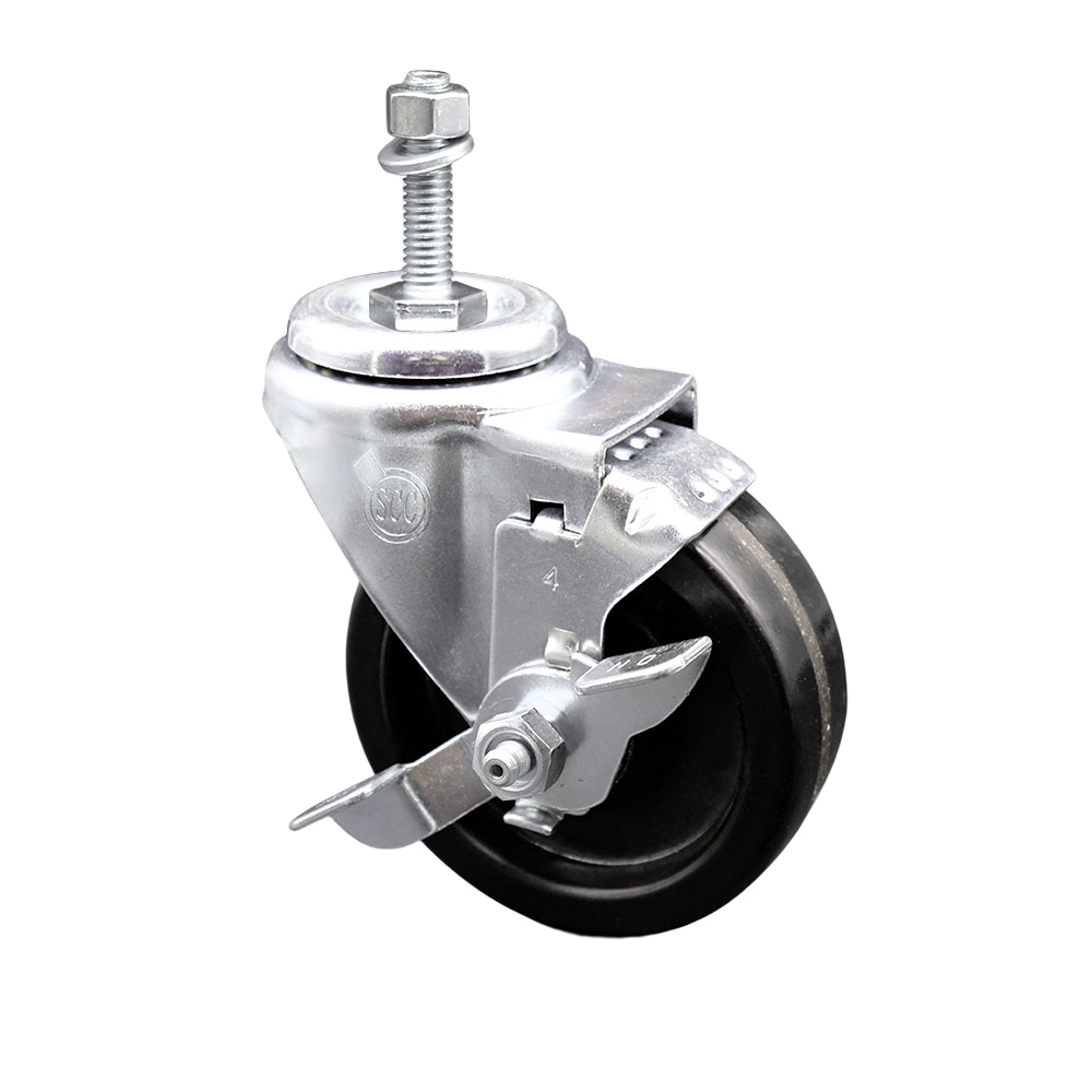 Phenolic Swivel Threaded Stem Caster w/Roller Bearing - 4" x 1.25" Black Wheel and 10MM Metric Stem & Top Locking Brake - 300 lbs Capacity/Caster - Service Caster Brand — photo 1