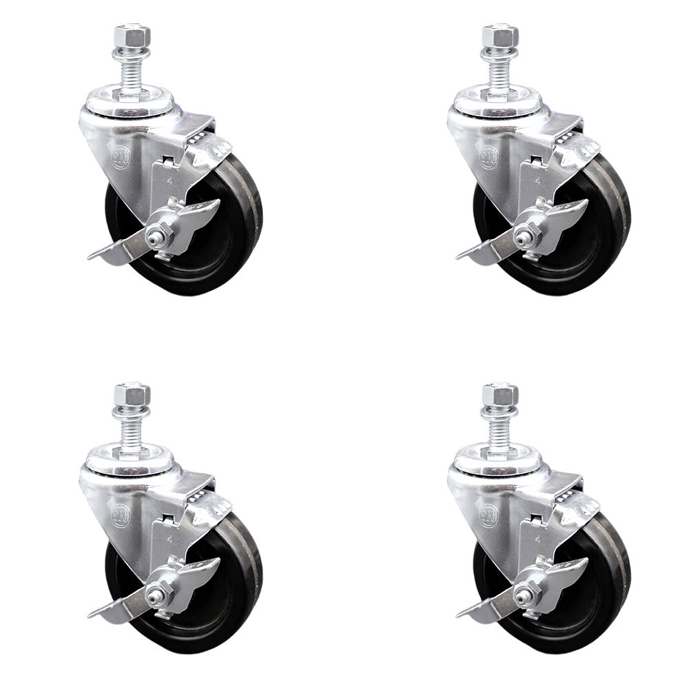 Phenolic Swivel Threaded Stem Caster w/Roller Bearing Set of 4 w/4" x 1.25" Black Wheels and 12mm Stems - Includes 4 with Top Lock Brakes - 1200 lbs Total Capacity - Service Caster Brand — photo 1